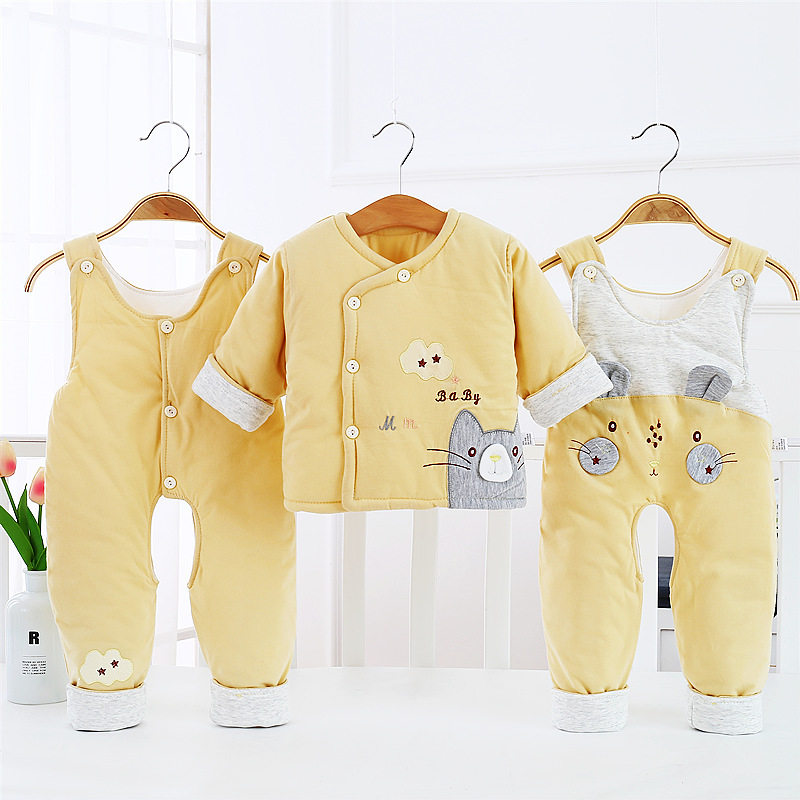 婴儿三件套薄棉无骨棉衣服背带套装小孩秋冬棉衣外穿保暖服