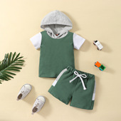 连帽上衣 松紧腰短裤 套装 休闲运动撞色拼布短​​袖 一件时尚