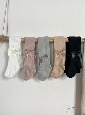 ins可开档新生婴儿连裤袜宝宝连体袜棉打底女童儿童连袜裤蝴蝶结