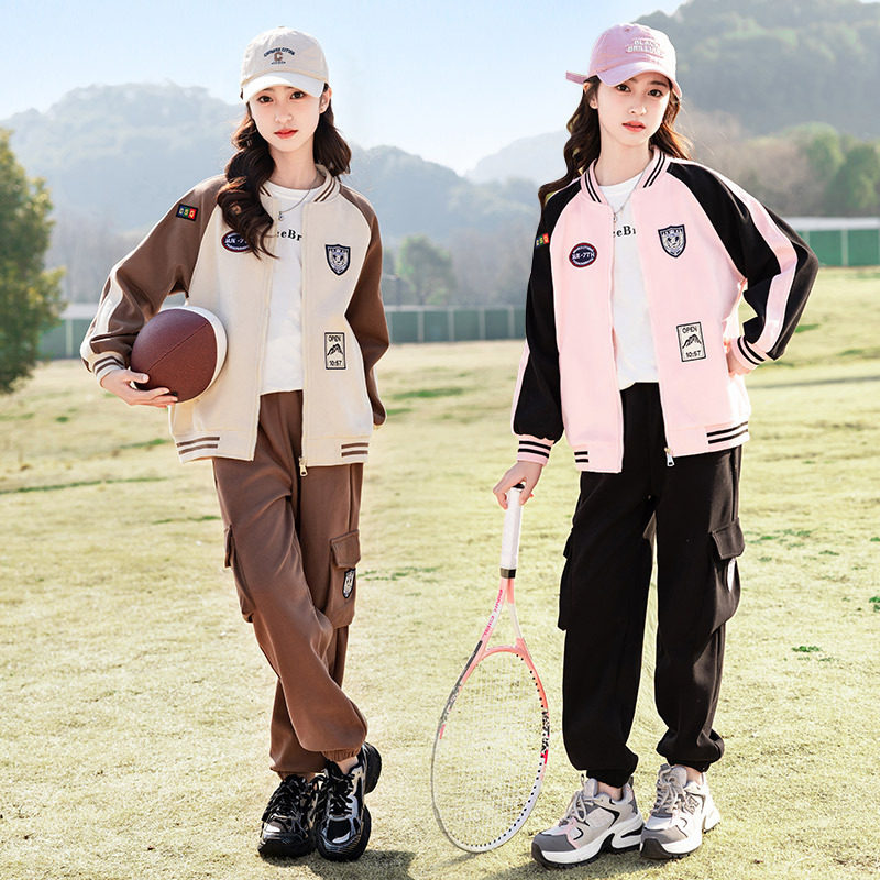 比比我女童棒球服套装春秋装2026新款女大童洋气儿童休闲运动两件