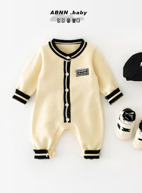 婴儿毛衣爬服春装新款韩版针织开衫外套连身衣外出哈衣 93100