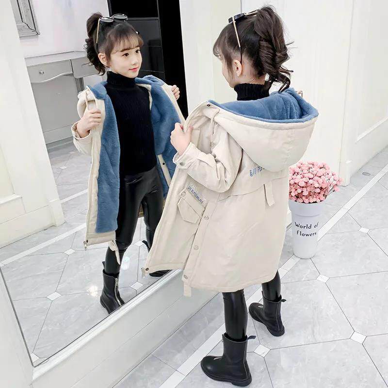 女童秋冬装2021新款韩版童装加绒外套中大童儿童中长款派克服棉服