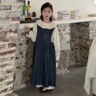 童裙2025春款女宝宝韩版圆点系带长袖连衣裙儿童中长款牛仔背心裙