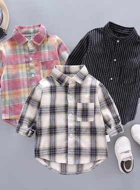 2024春秋装新款男童女格子衬衫宝宝韩版宽松翻领长袖衬衣儿童衬衫