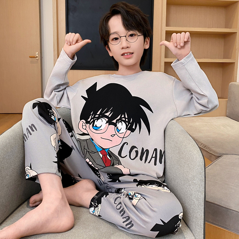 纯棉韩版男童睡衣秋冬长袖棉男童装男孩中大童卡通家居服儿童套装