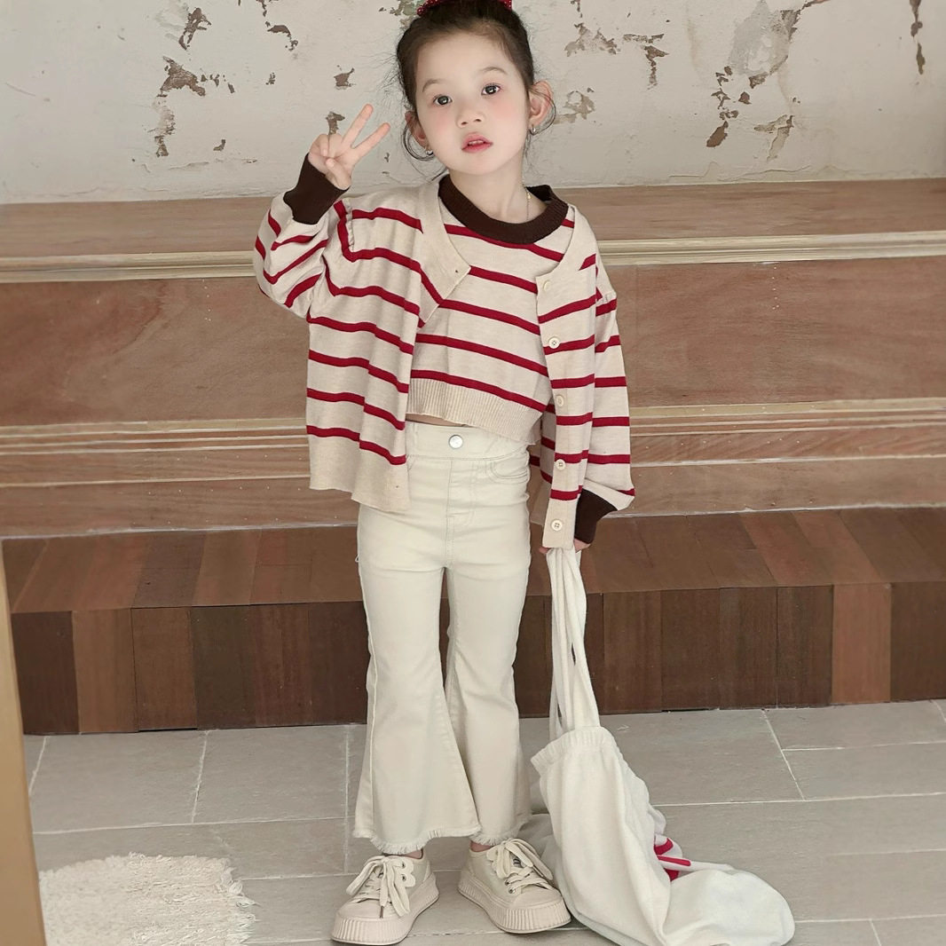 瑜瑜公主 女童春季新款撞色条纹针织开衫复古短款上衣背心两件套