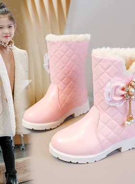 女童靴子冬季2025新款加厚保暖儿童雪地靴中大童蝴蝶结女孩大棉靴