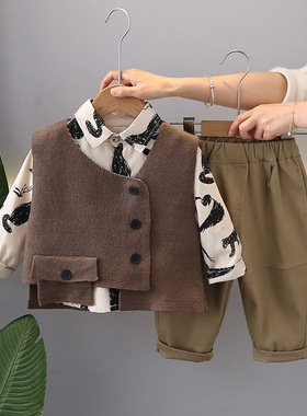 五小七童装2024春秋款新款0-5岁男童女童不规则马甲衬衫裤子套装