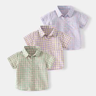 格子图案柔软休闲风男款中小童衬衫 夏季外出休闲款翻领男童短袖