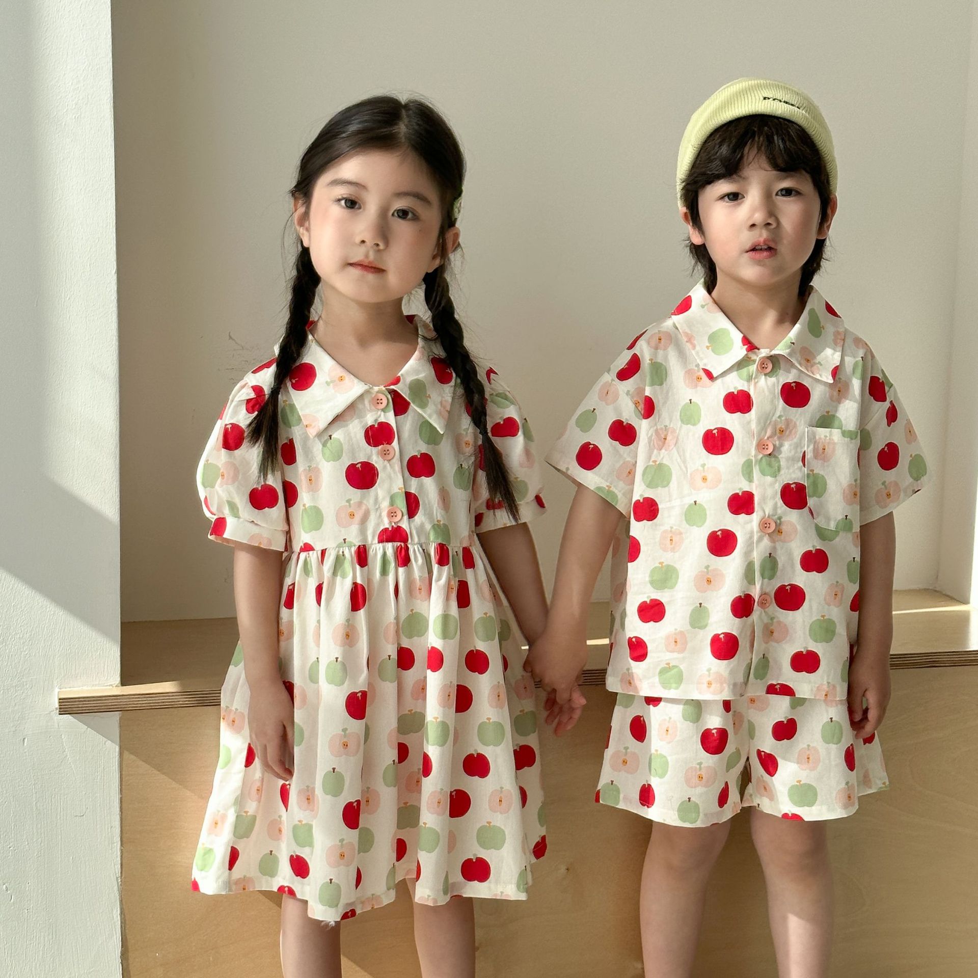 儿童夏季衬衫套装洋气纯棉男童2025新款宝宝女童短袖连衣裙兄妹装