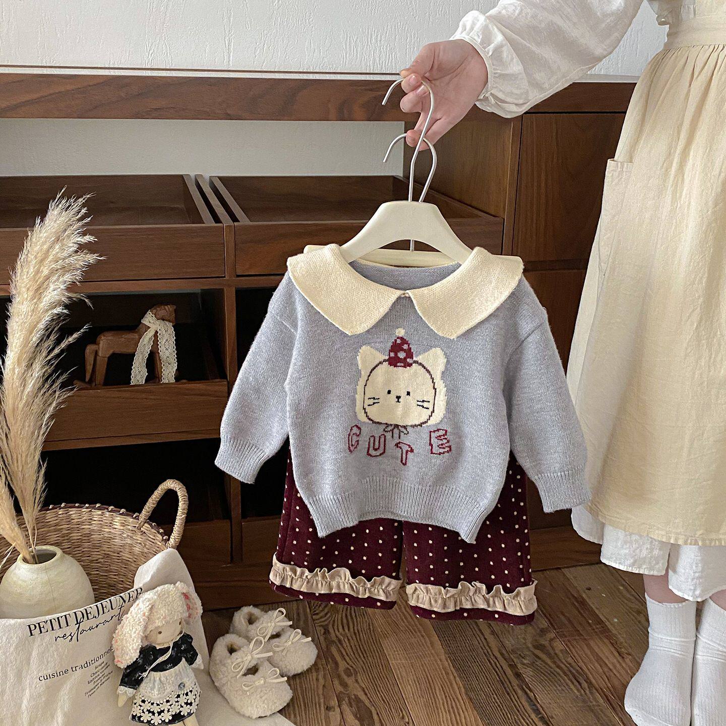 点兮冬季新款婴幼儿猫咪毛衣套装女宝宝翻领针织衫加绒裤子两件套