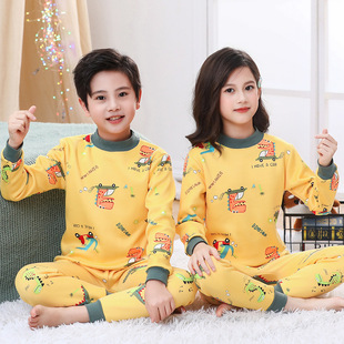 秋冬新款儿童加绒保暖内衣套装中小男女童卡通印花中领加厚家居服