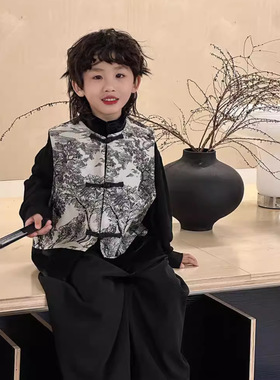 童装上衣中式国风马甲春季新款复古水墨画丝绒拼接背心一件时尚