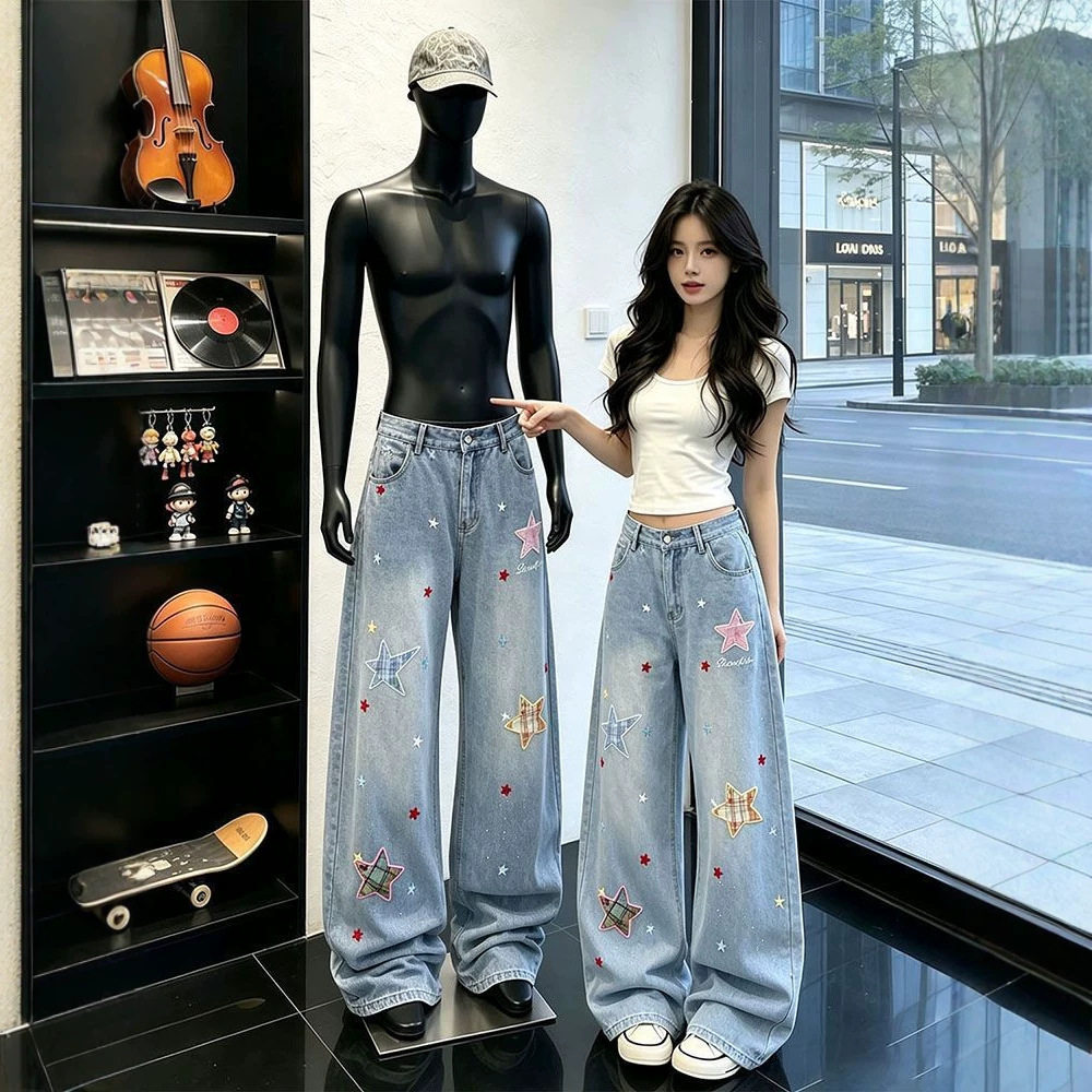 潮鲤有货星星做旧牛仔裤女夏季新牛仔裤
