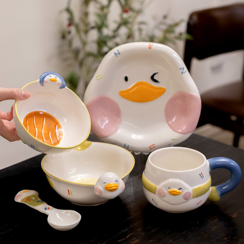 可爱陶瓷餐具釉下彩家用饭碗菜盘杯子儿童吃饭碗酸奶甜品碗一人食
