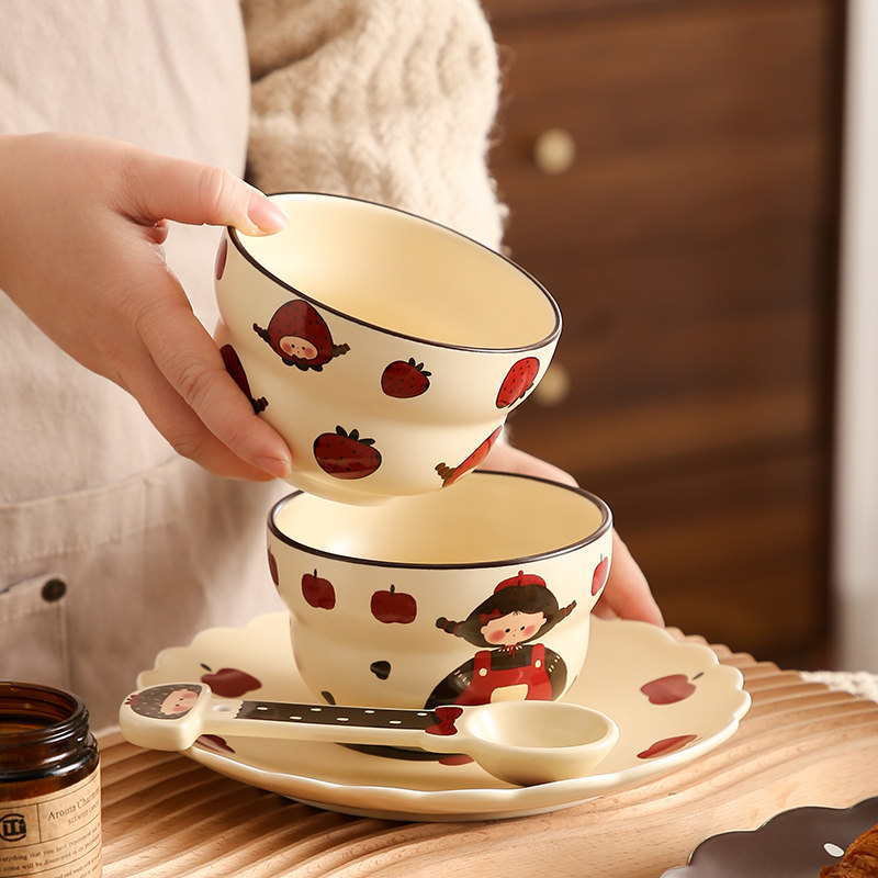 苹果女孩陶瓷餐具家用可爱米饭碗碟餐盘子女生早餐燕麦甜品酸奶碗,餐饮具,碗,淘宝优惠券,粉丝福利购,淘宝优惠卷