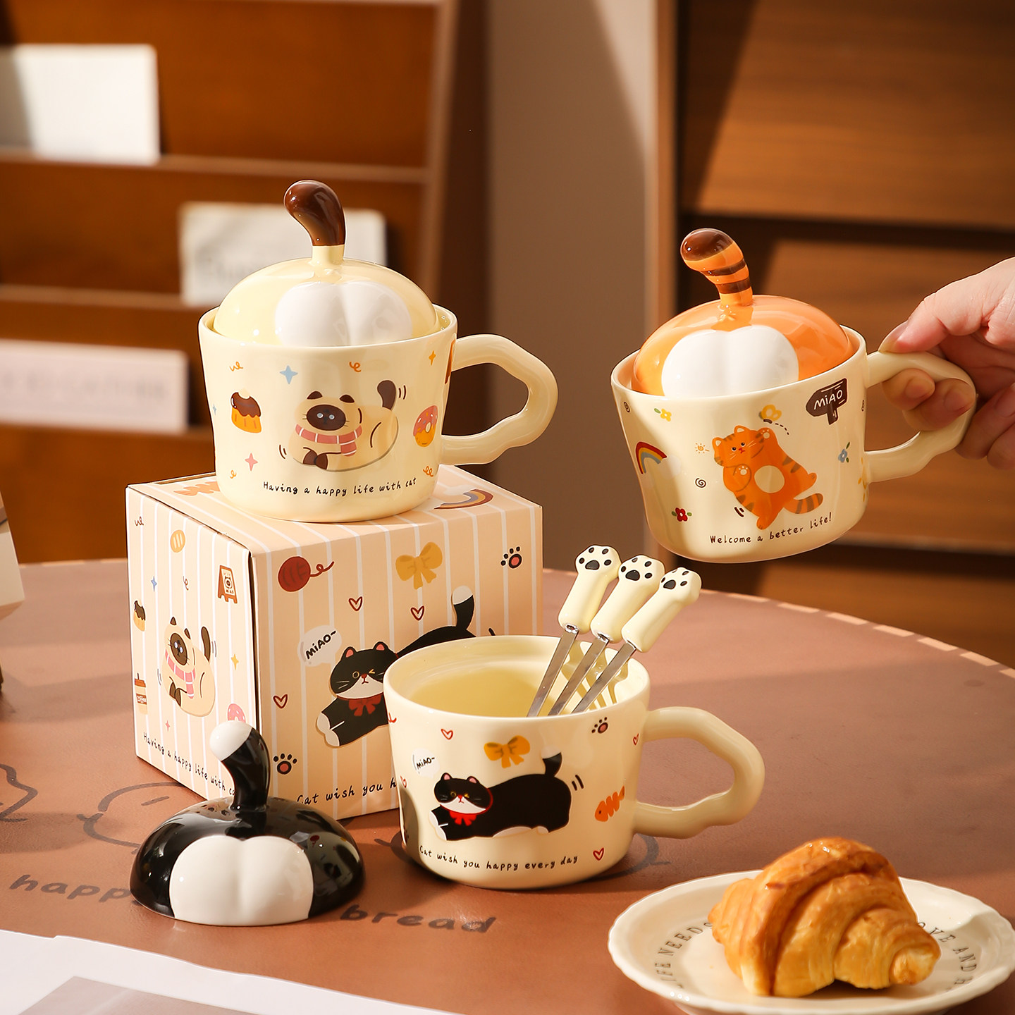 猫咪陶瓷马克杯可爱家用带盖勺情侣水杯办公室咖啡杯子女生日礼物,餐饮具,马克杯,淘宝优惠券,粉丝福利购,淘宝优惠卷