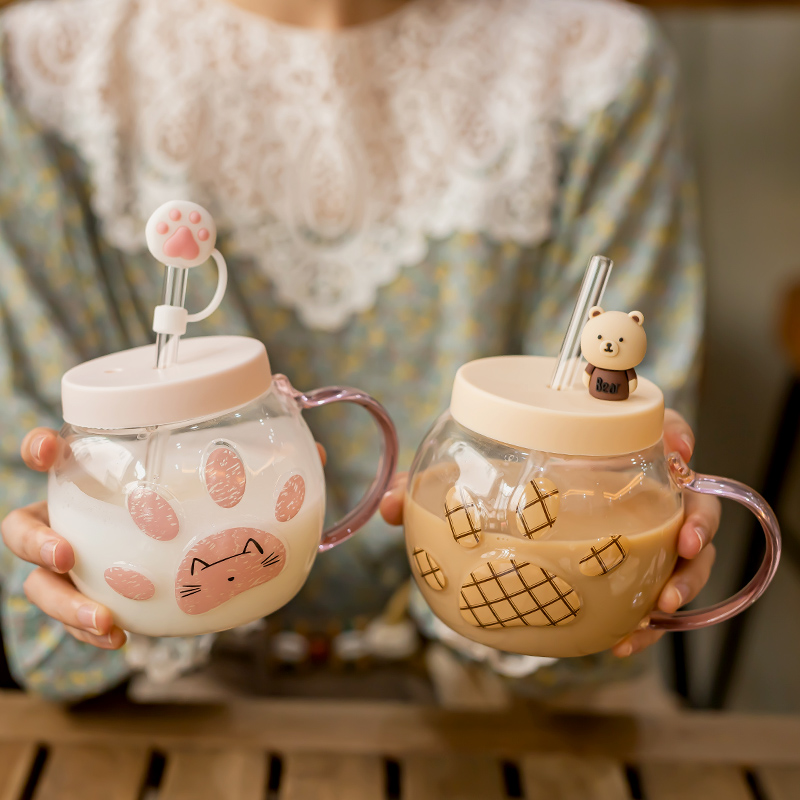 女生家用网红猫爪玻璃杯带吸管