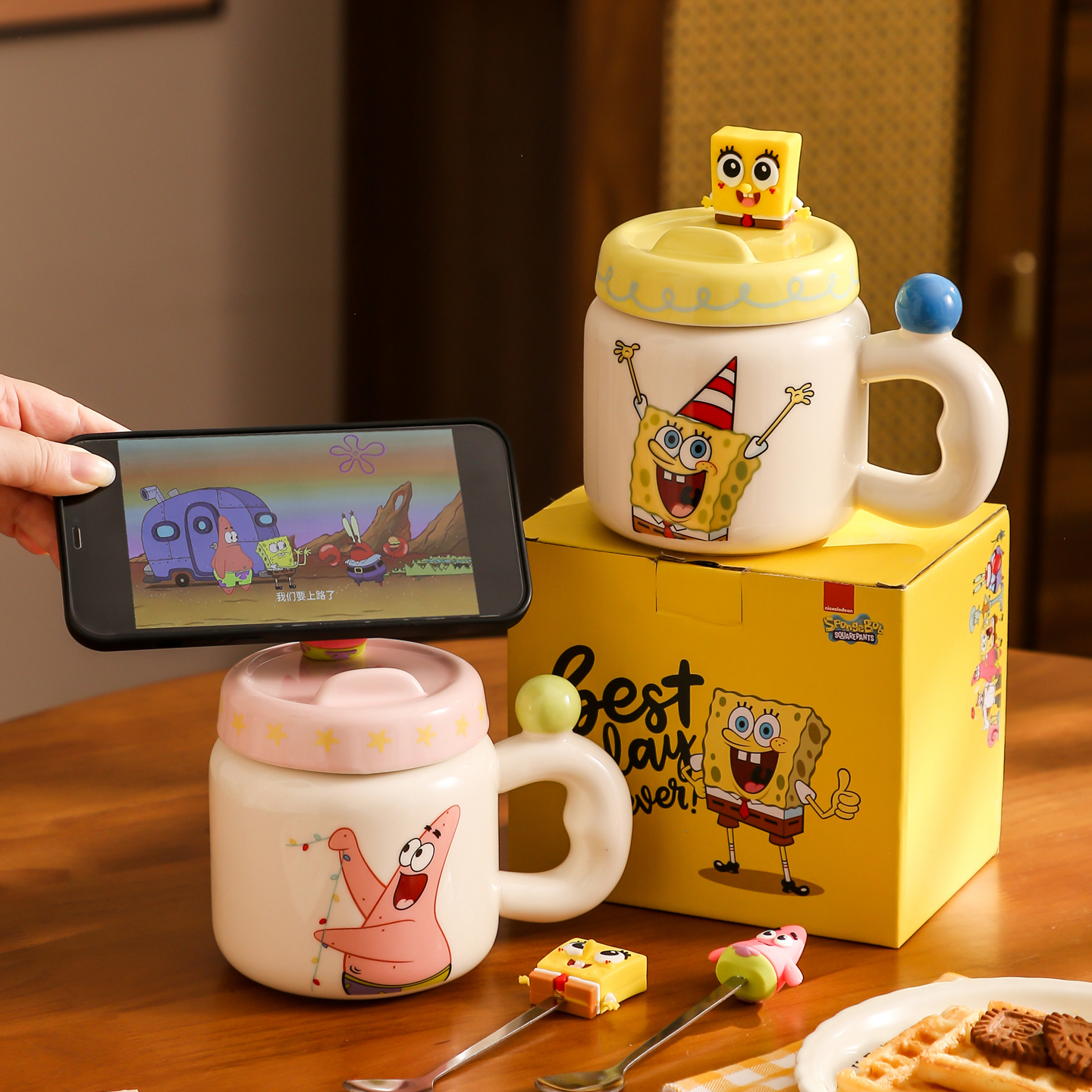 海绵宝宝派大星马克杯带盖勺水杯