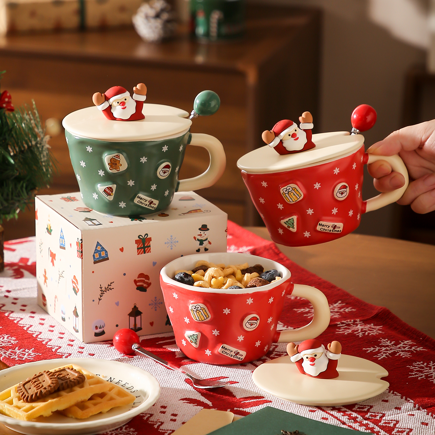 圣诞马克杯带盖勺早餐杯生日礼物