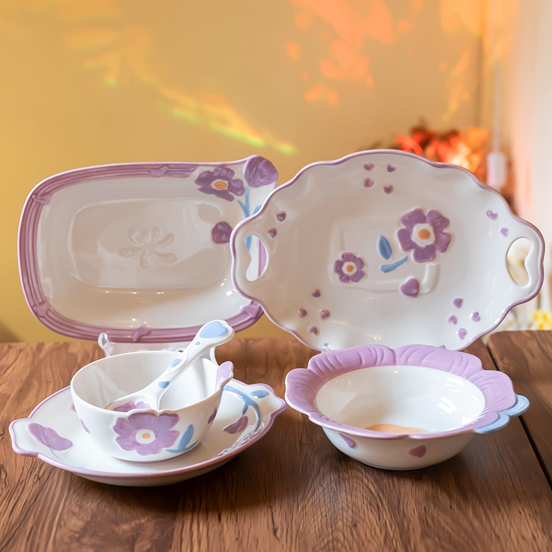 浮雕花卉釉下彩陶瓷碗一人食餐具