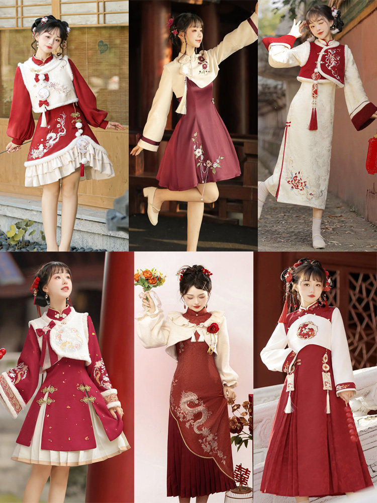 爆款汉服拜年装龙年大吉古风龙纹绣花中国风新年汉元素旗袍新年女