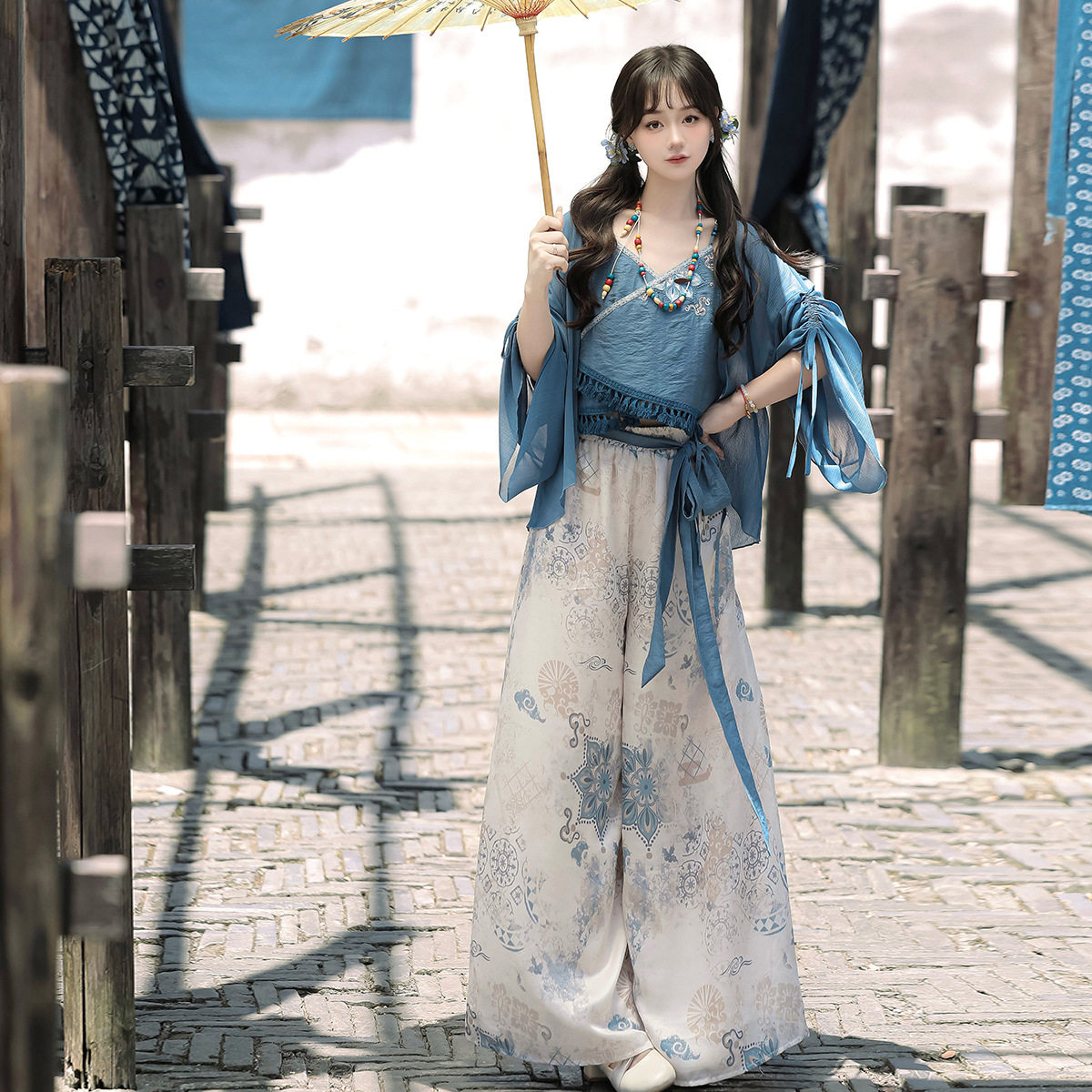 倚梦阁原创浅山藏汉服女中国风汉元素项链外披吊带裤子套装9238