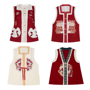 爆款汉服比甲古风拜年服马甲红色绣花方领祥龙贺岁改良中国风刺绣