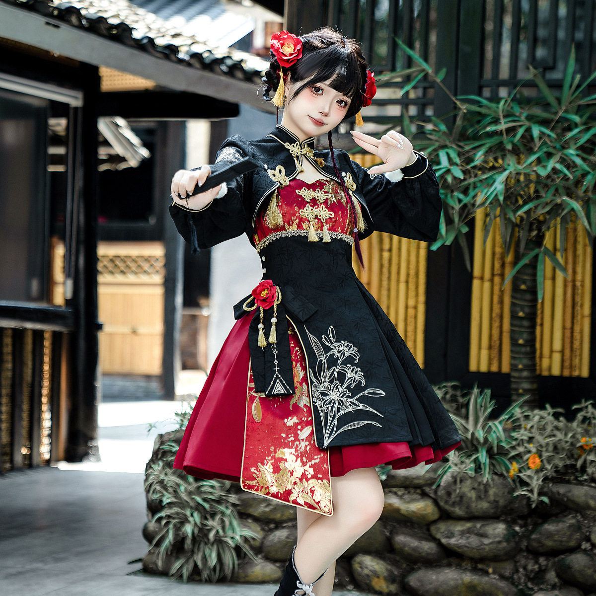 倚梦阁原创捉妖少女汉服女国风新中式上衣腿套吊带裙半裙套装9321
