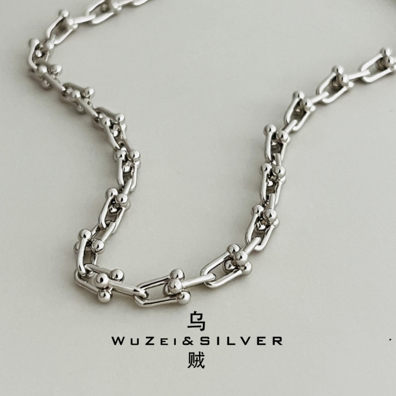 WZ&SILVER设计师款通体S925银镀铑金马蹄扣项链高级百搭简约时尚