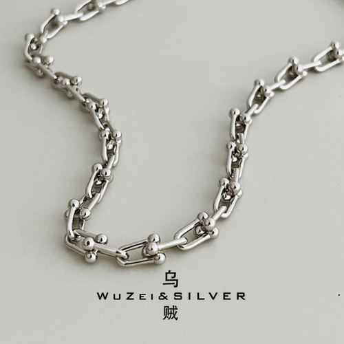 WZ&SILVER设计师款通体S925银镀铑金马蹄扣项链高级百搭简约时尚