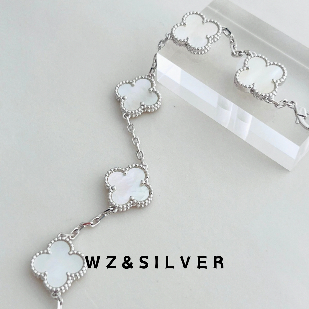 WZ&SILVER设计师款通体S925纯银镀铑金白贝母四叶草五花手链高级
