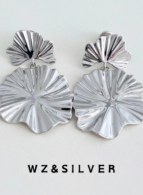 WZ&SILVER设计师款通体925银镀铑金荷叶耳环小众设计高级感耳饰