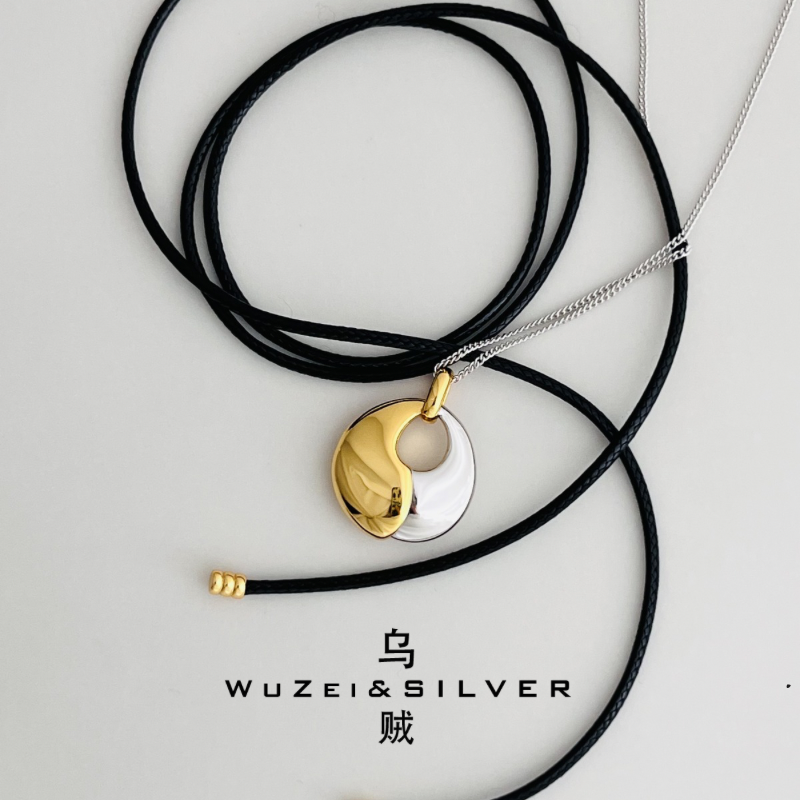 WZ&SILVER设计师款通体S925银镀铑金/18K金双生金银饼皮绳项链