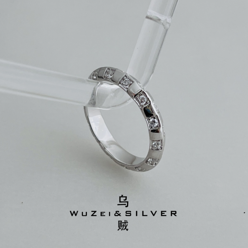 WZ&SILVER设计师款通体S925银镀铑金棋盘格镶钻戒指百搭时尚简约