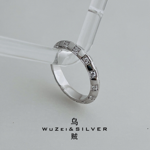 WZ&SILVER设计师款通体S925银镀铑金棋盘格镶钻戒指百搭时尚简约