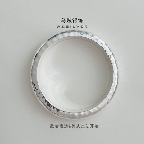韩国东大门重工S925通体纯银手工锤纹打磨宽面手镯42克左右