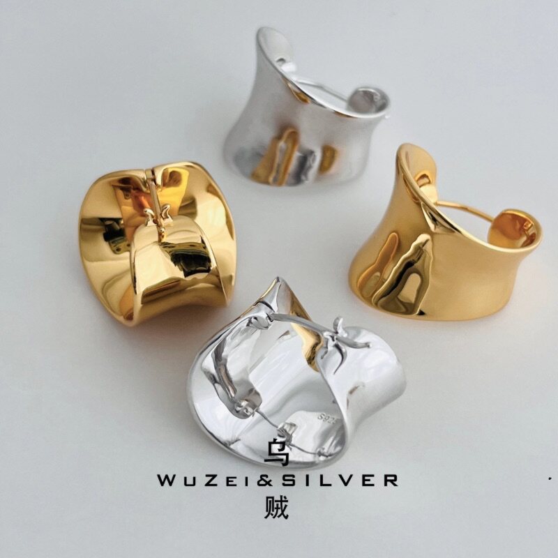 WZ&SILVER设计师款通体925纯银镀铑金/18k金宽面耳扣时尚百搭简约
