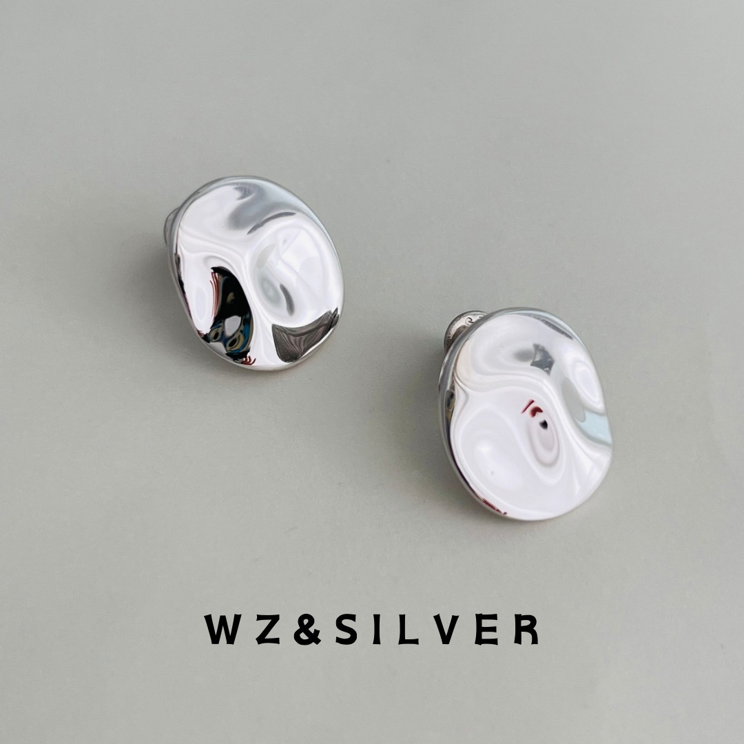 WZ&SILVER设计师款通体S925纯银镀铑金不规则椭圆耳环简约高级感