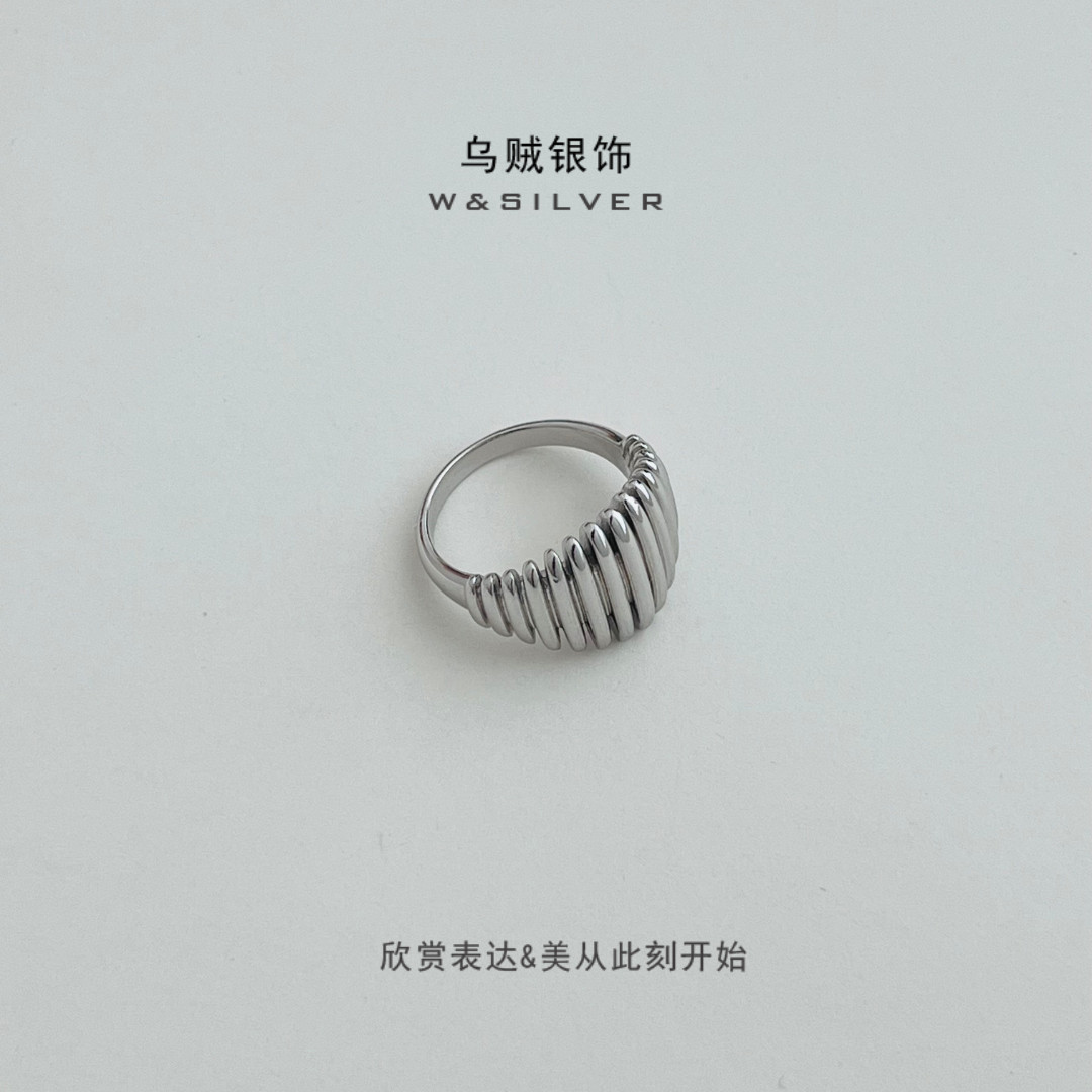 W&SILVER高定S925纯银镀白金线条设计戒指轻奢个性时尚百搭戒指