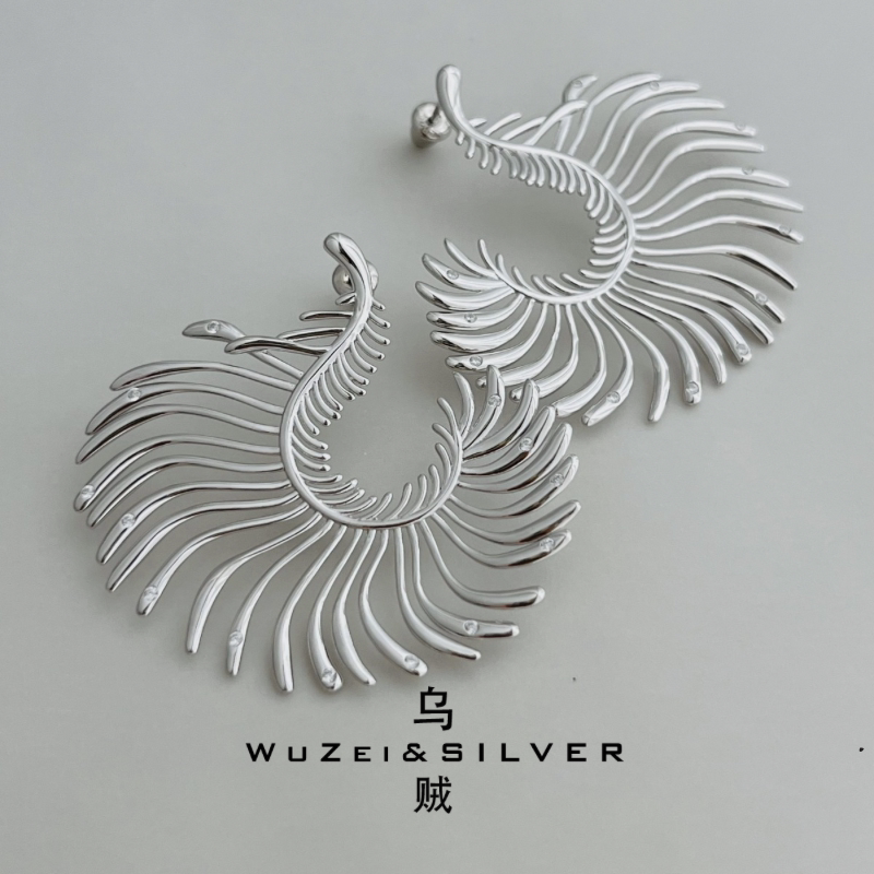 WZ&SILVER设计师款通体S925银镀铑金凤尾羽毛耳饰高级时尚个性