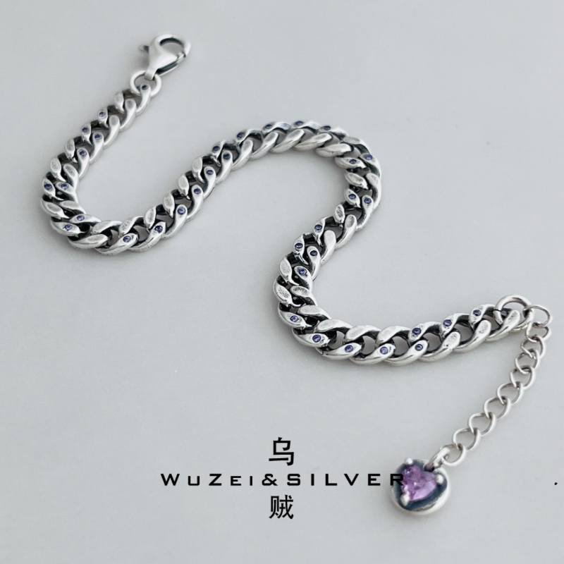 WZ&SILVER设计师款通体S925银做旧复古微镶钻坦克链手链高级百搭
