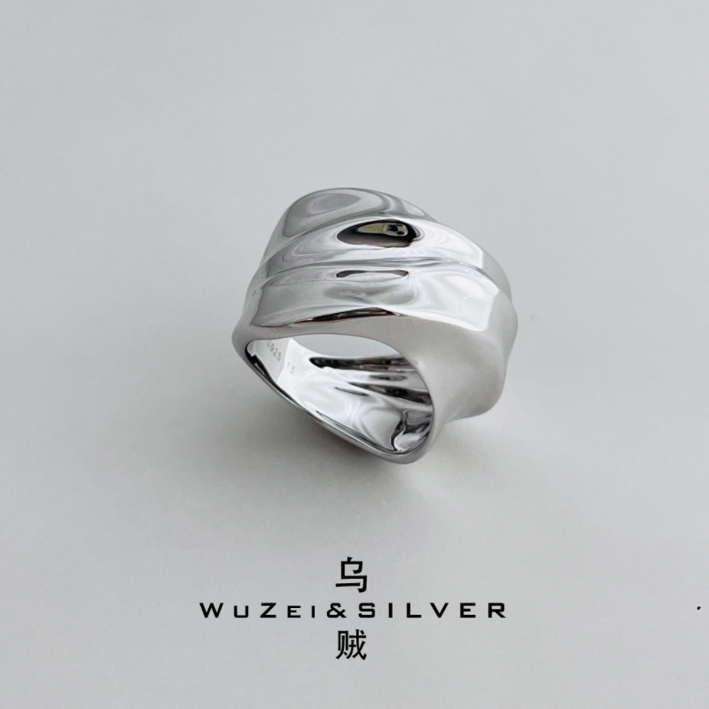 WZ&SILVER设计师款通体S925银镀铑金波浪戒指重工高级时尚简约