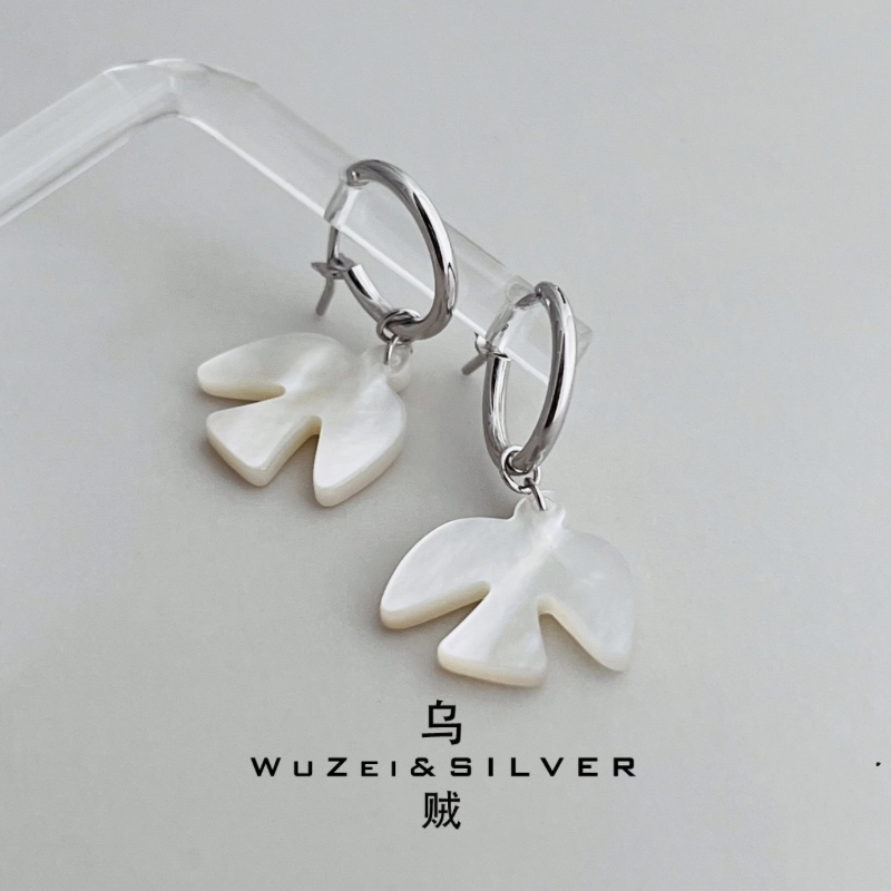 秒杀！下单改价！设计师款通体S925银镀铑金白蝶贝飞鸟耳饰高级