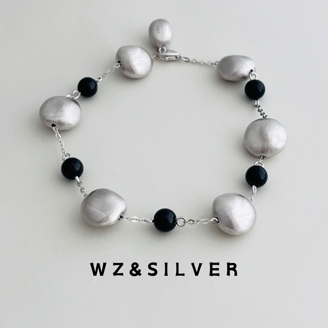 WZ&SILVER设计师款通体S925纯银拉丝黑玛瑙串珠拼接手链文艺复古