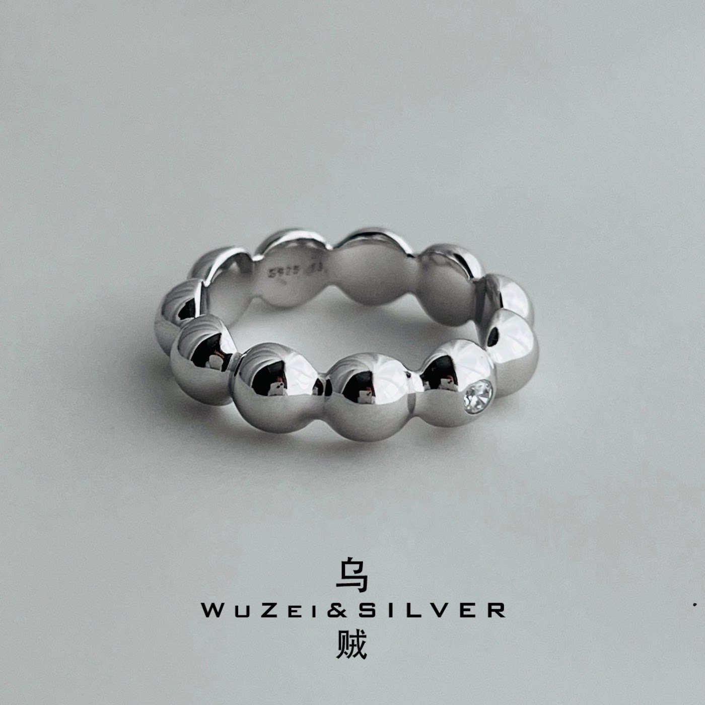 WZ&SILVER设计师款通体S925纯银镀铑金豆豆戒指高级百搭简约个性