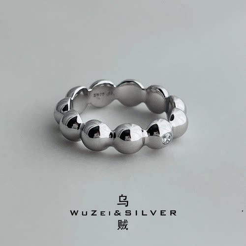 WZ&SILVER设计师款通体S925纯银镀铑金豆豆戒指高级百搭简约个性