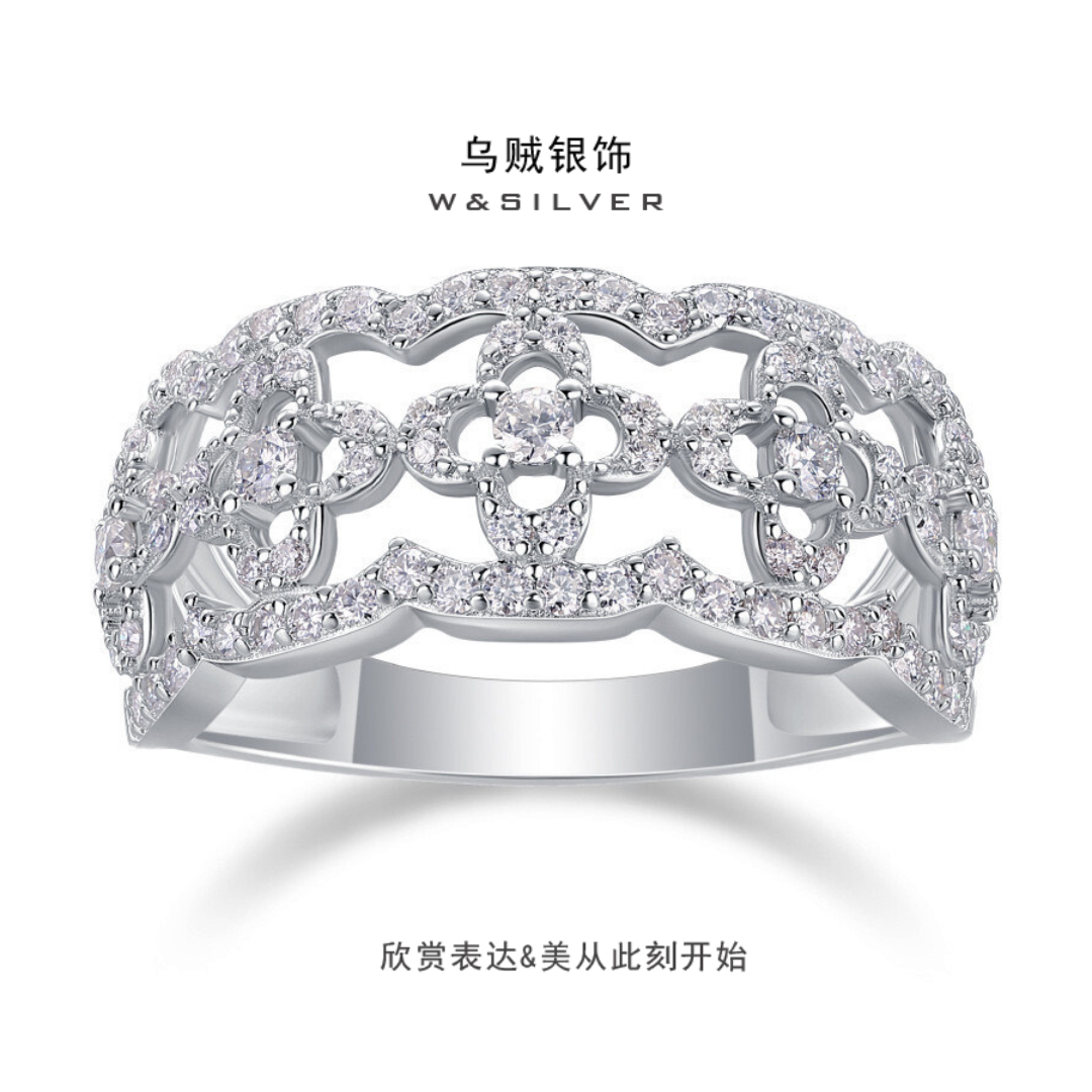 W&SILVER通体925纯银繁花曼舞戒指莫桑石戒子小众设计高级感指环