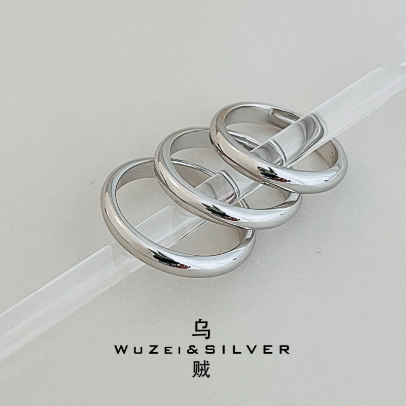 WZ&SILVER设计师款通体S925银镀铑金素圈实心戒指简约百搭时尚
