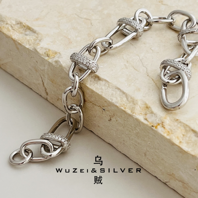 WZ&SILVER设计师款通体S925银镀铑金镶钻手链高级百搭时尚简约